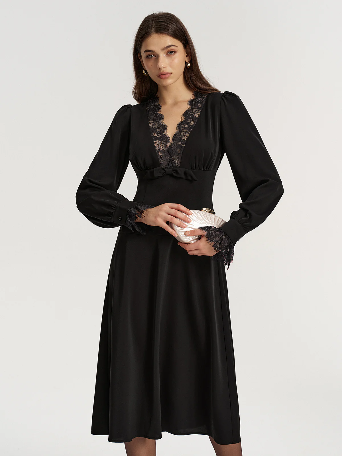 Lace V-Neck Bow Detail Satin Midi Dress - Image 5