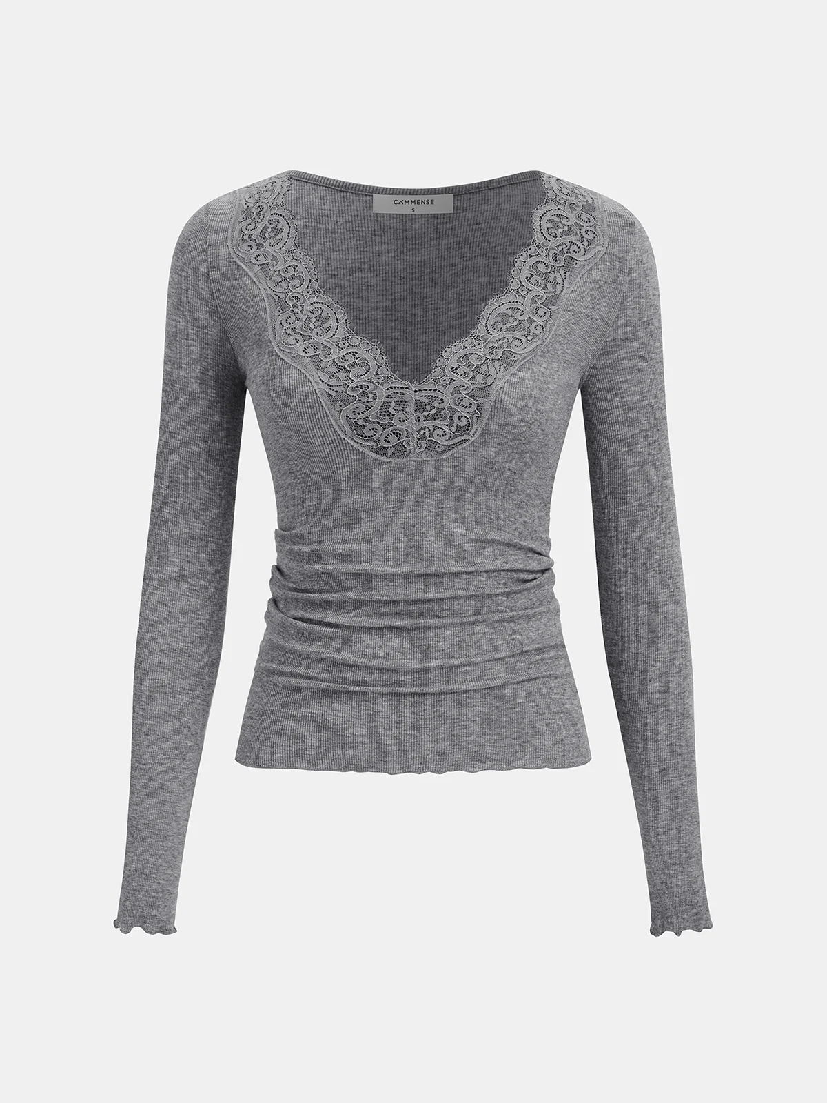 Lace V-Neck Ruched Long-Sleeve Top