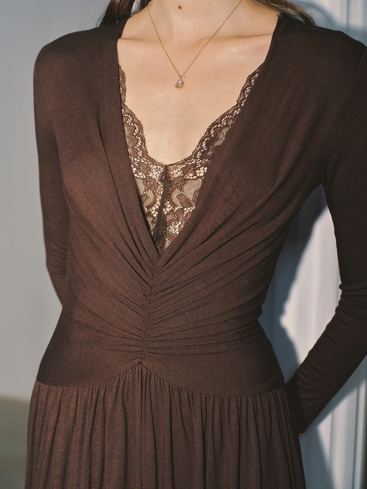Lace V-Neck Ruched Maxi Dress - Image 5