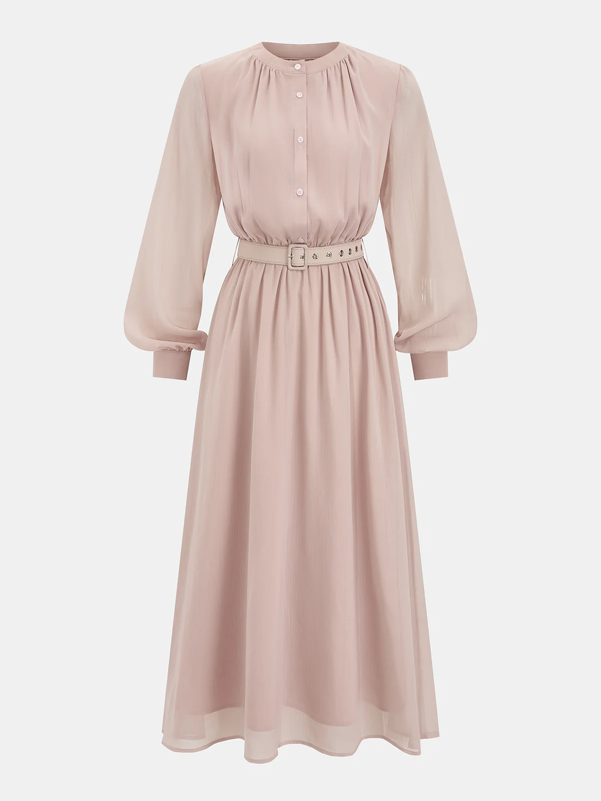 Lantern Sleeve Belted Chiffon Maxi Dress