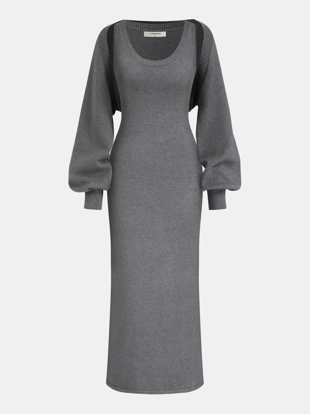 Layered Knit Maxi Dress Set with Balloon Sleeves