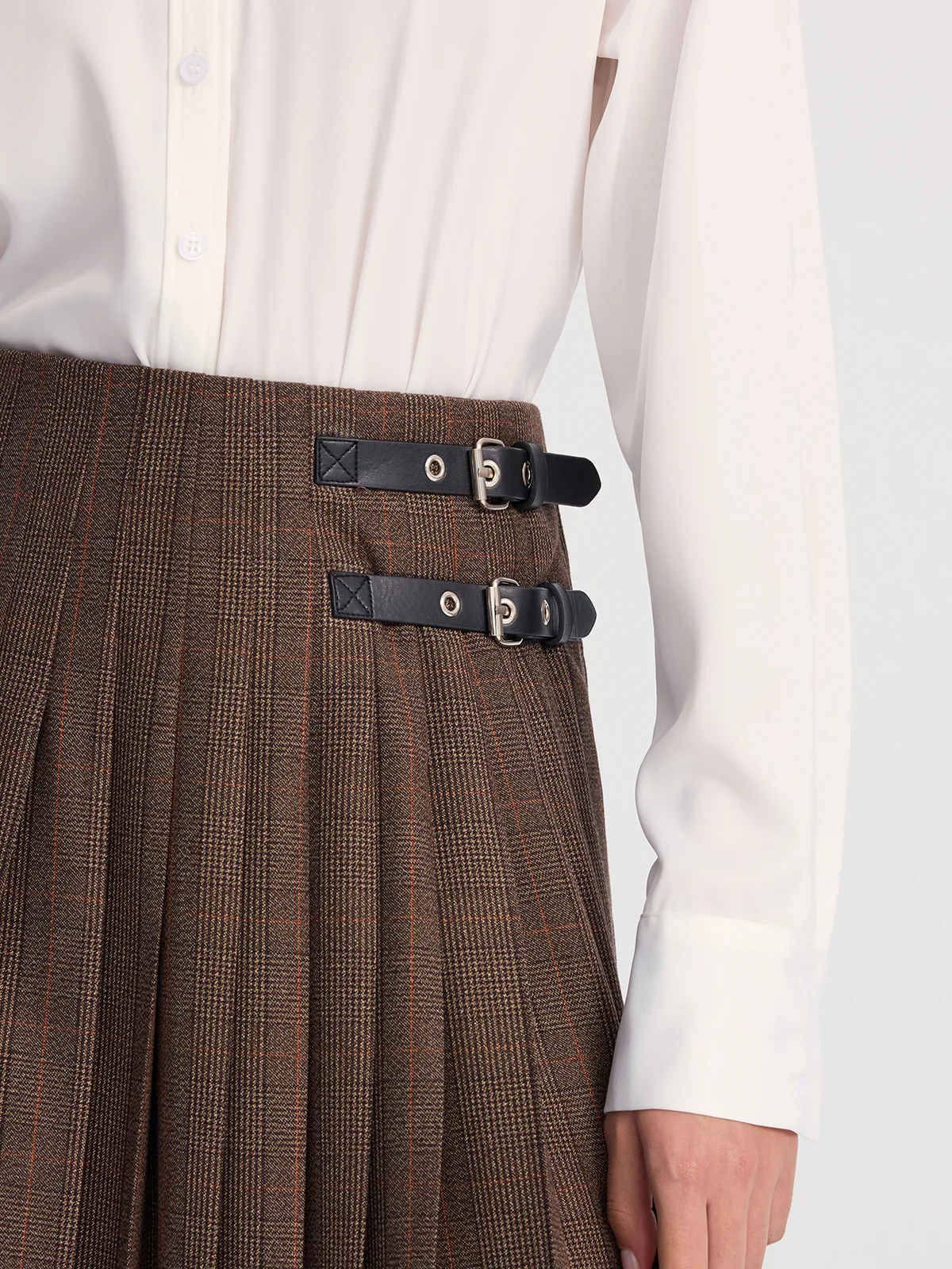 Leather-Buckle Pleated Plaid Maxi Skirt - Image 2
