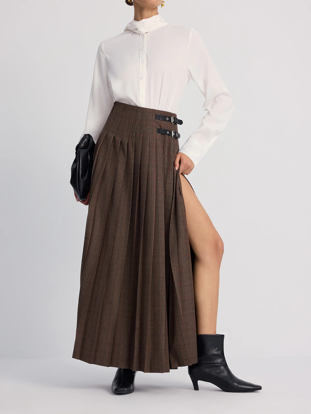 Leather-Buckle Pleated Plaid Maxi Skirt - Image 3