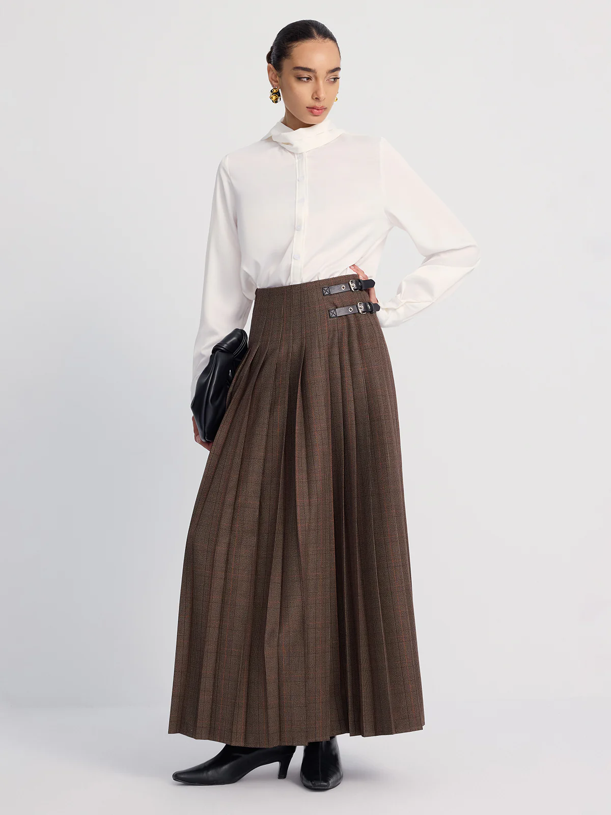 Leather-Buckle Pleated Plaid Maxi Skirt - Image 4