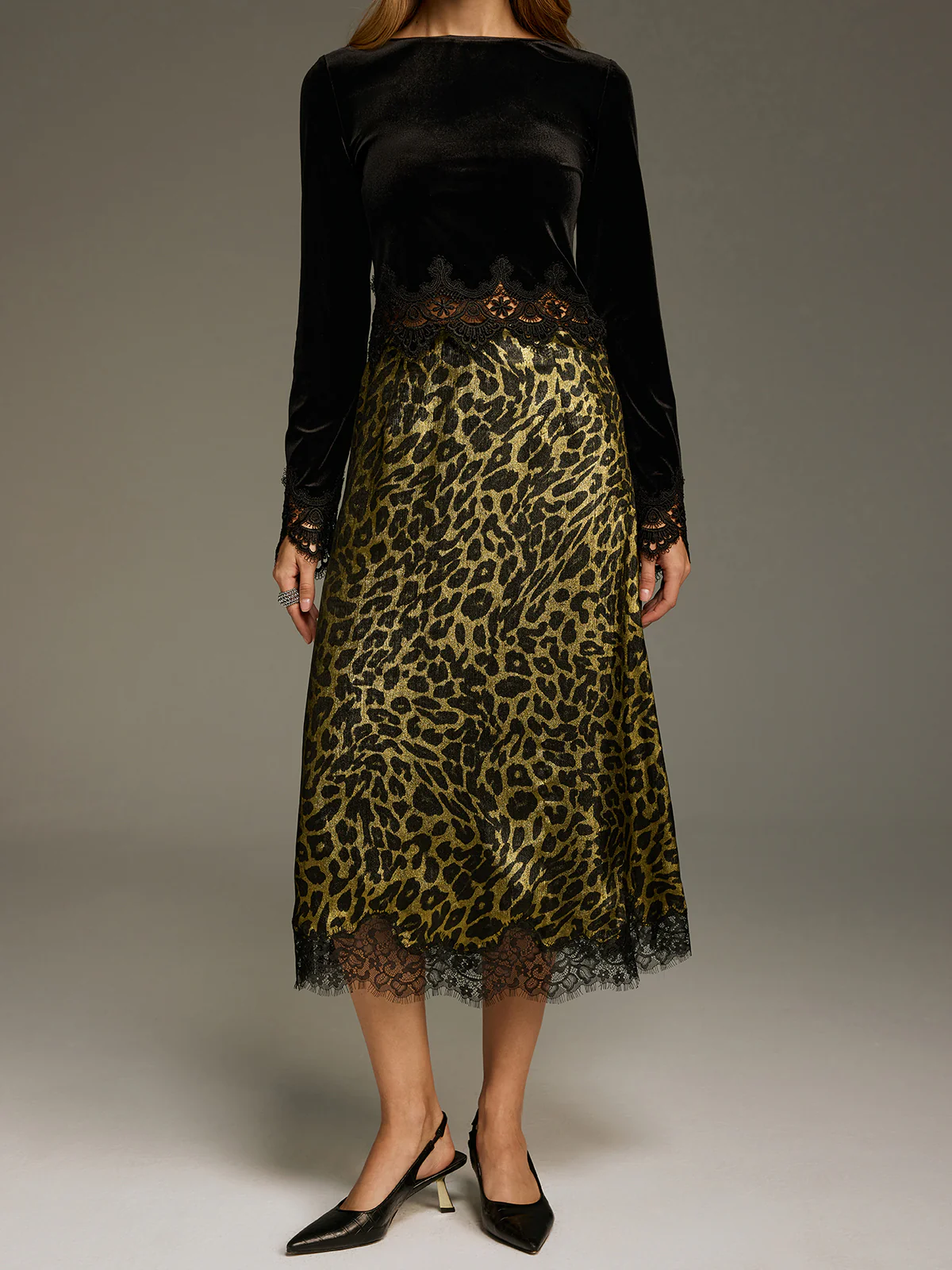 Leopard-Print Lace-Trimmed Midi Skirt