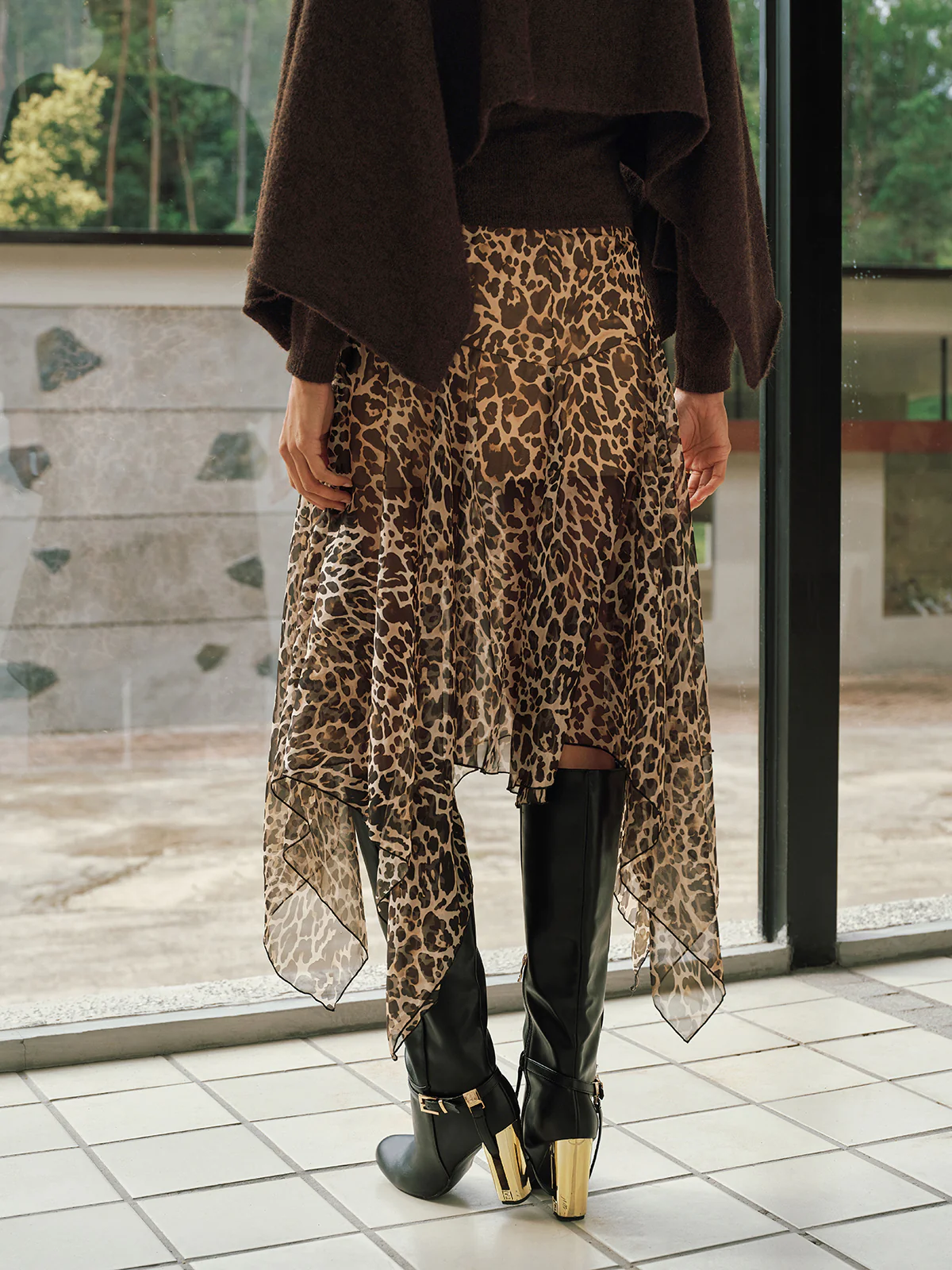 Leopard Print Semi-Sheer Chiffon Midi Skirt - Image 5