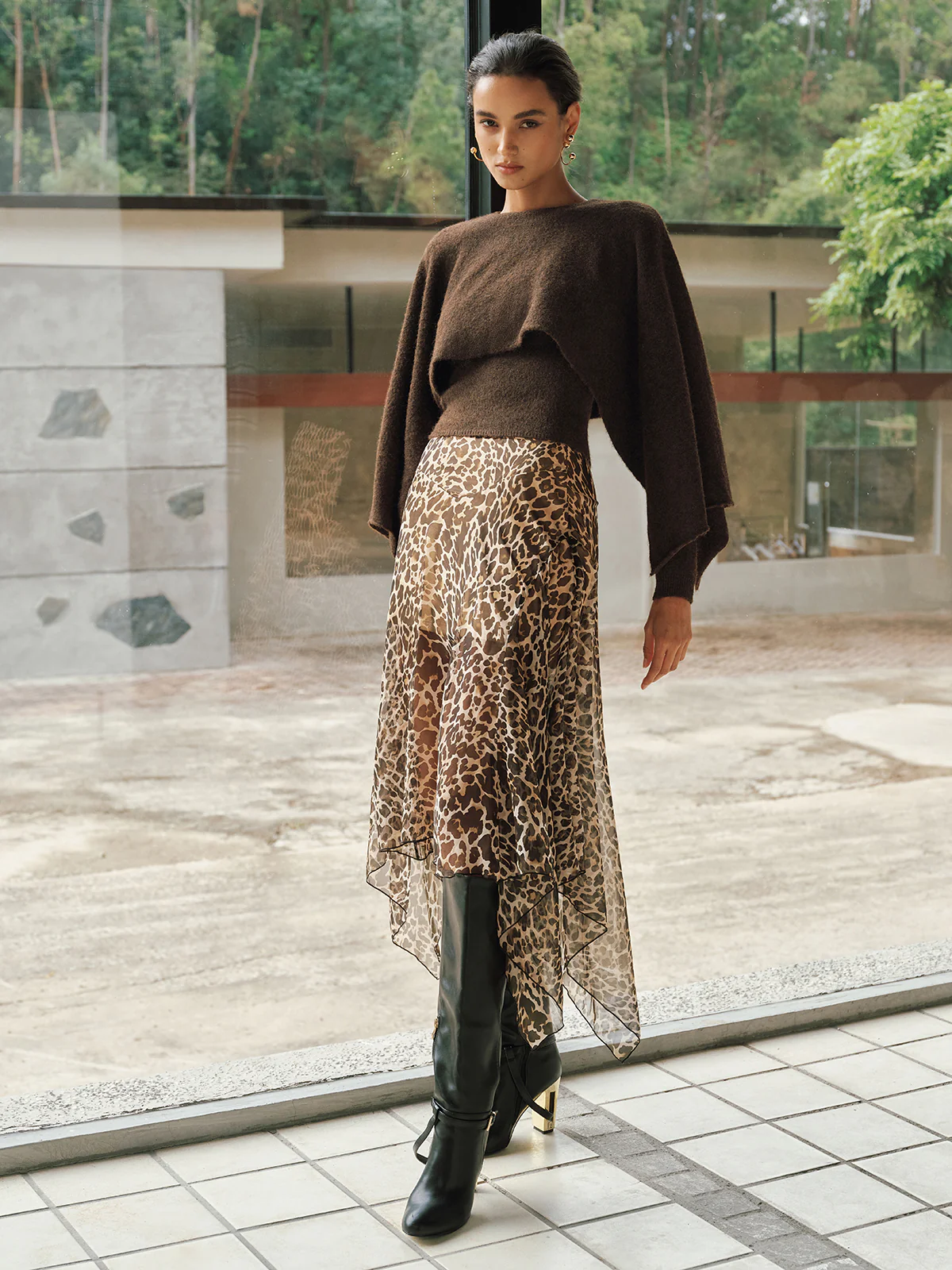 Leopard Print Semi-Sheer Chiffon Midi Skirt - Image 6