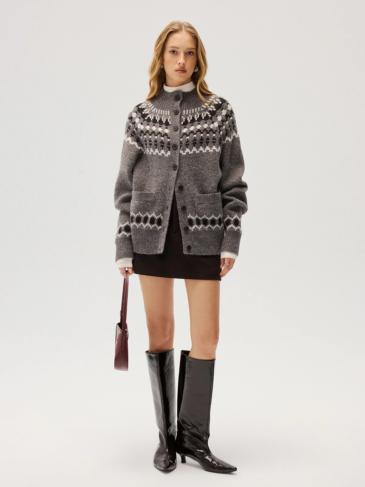 Loose Fair Isle Knit Button Front Cardigan