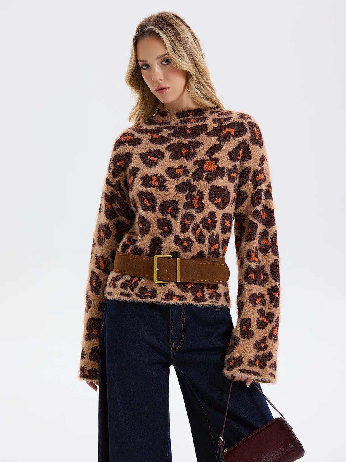 Loose Leopard Jacquard Fuzzy Sweater without Belt