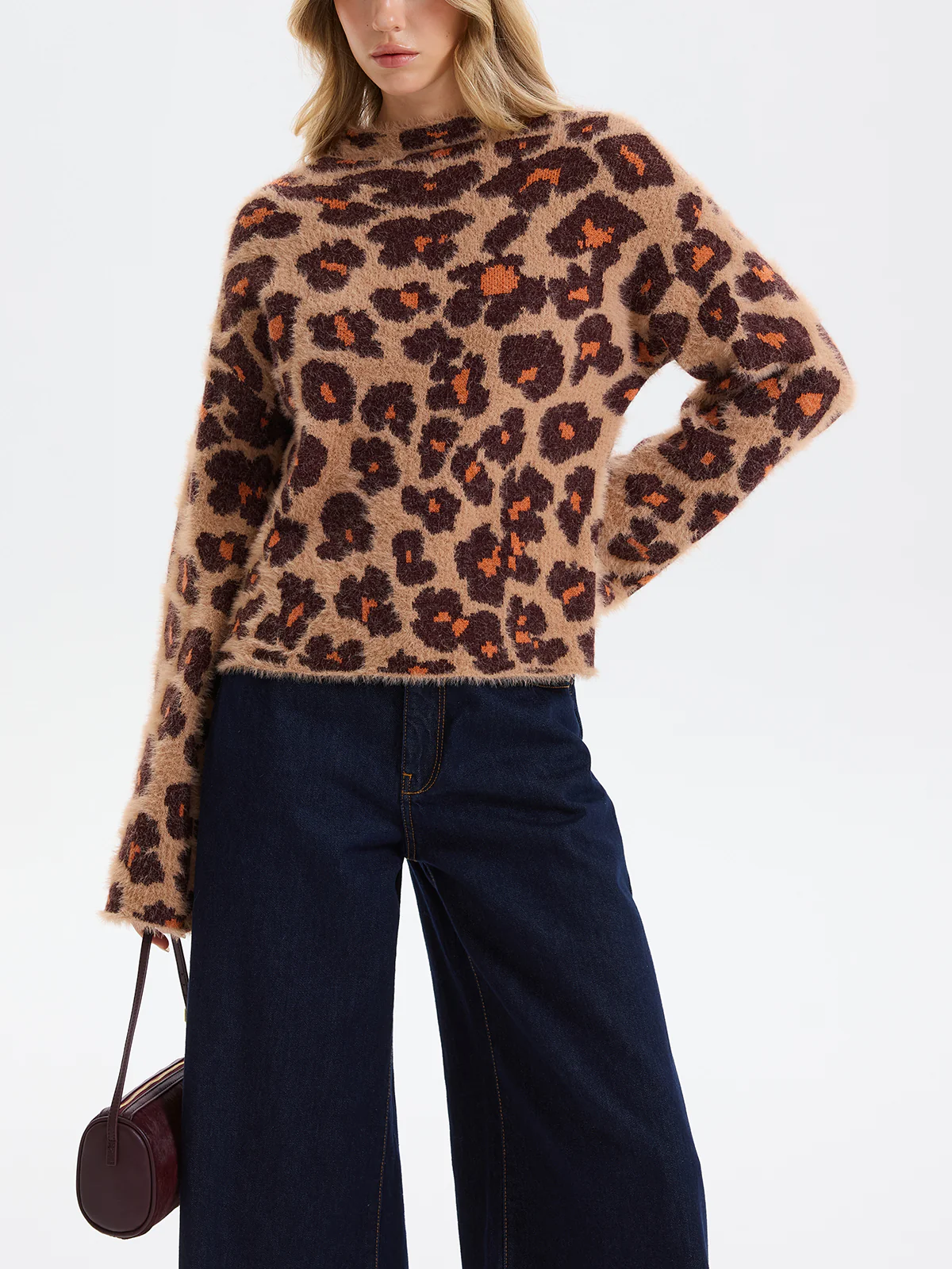 Loose Leopard Jacquard Fuzzy Sweater without Belt - Image 4