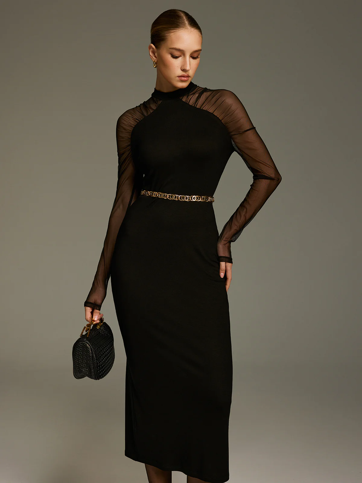 Mesh-Sleeve Knit Maxi Dress without Chain - Image 3