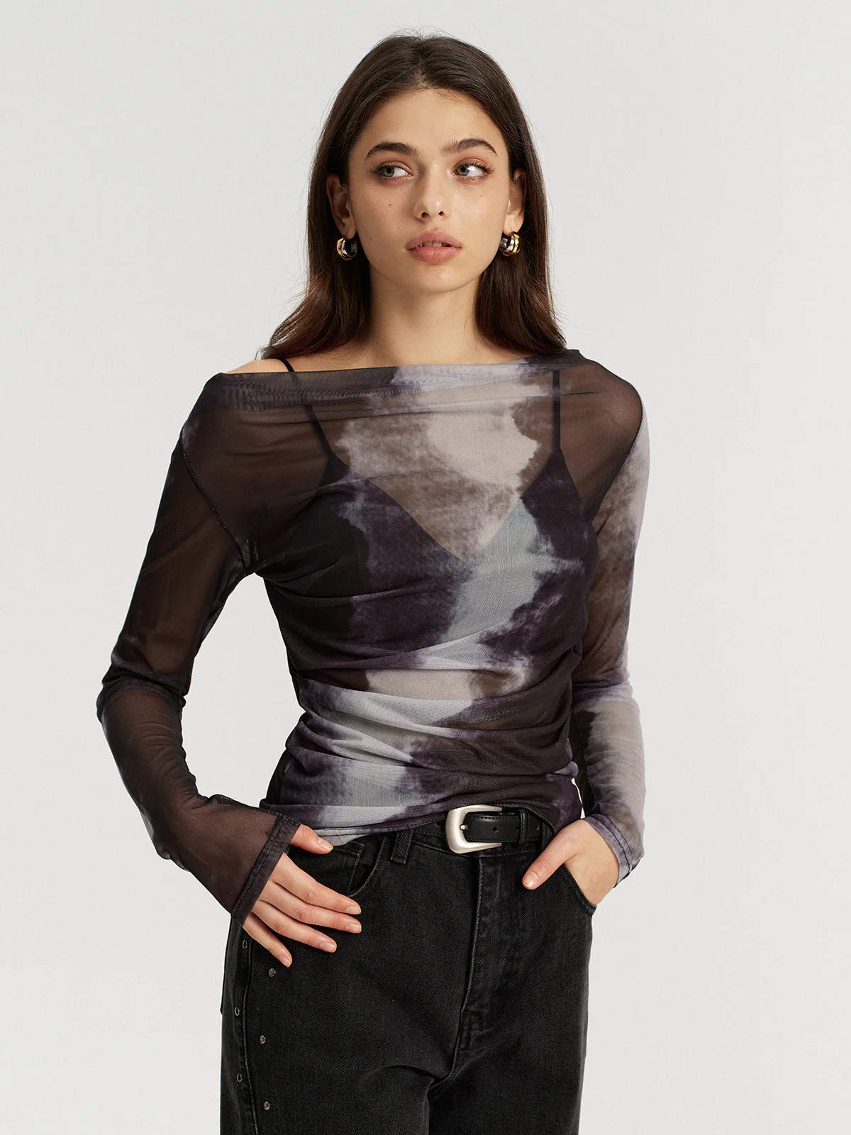 Mesh Tie-Dye Off-Shoulder Long Sleeve T-Shirt - Image 3