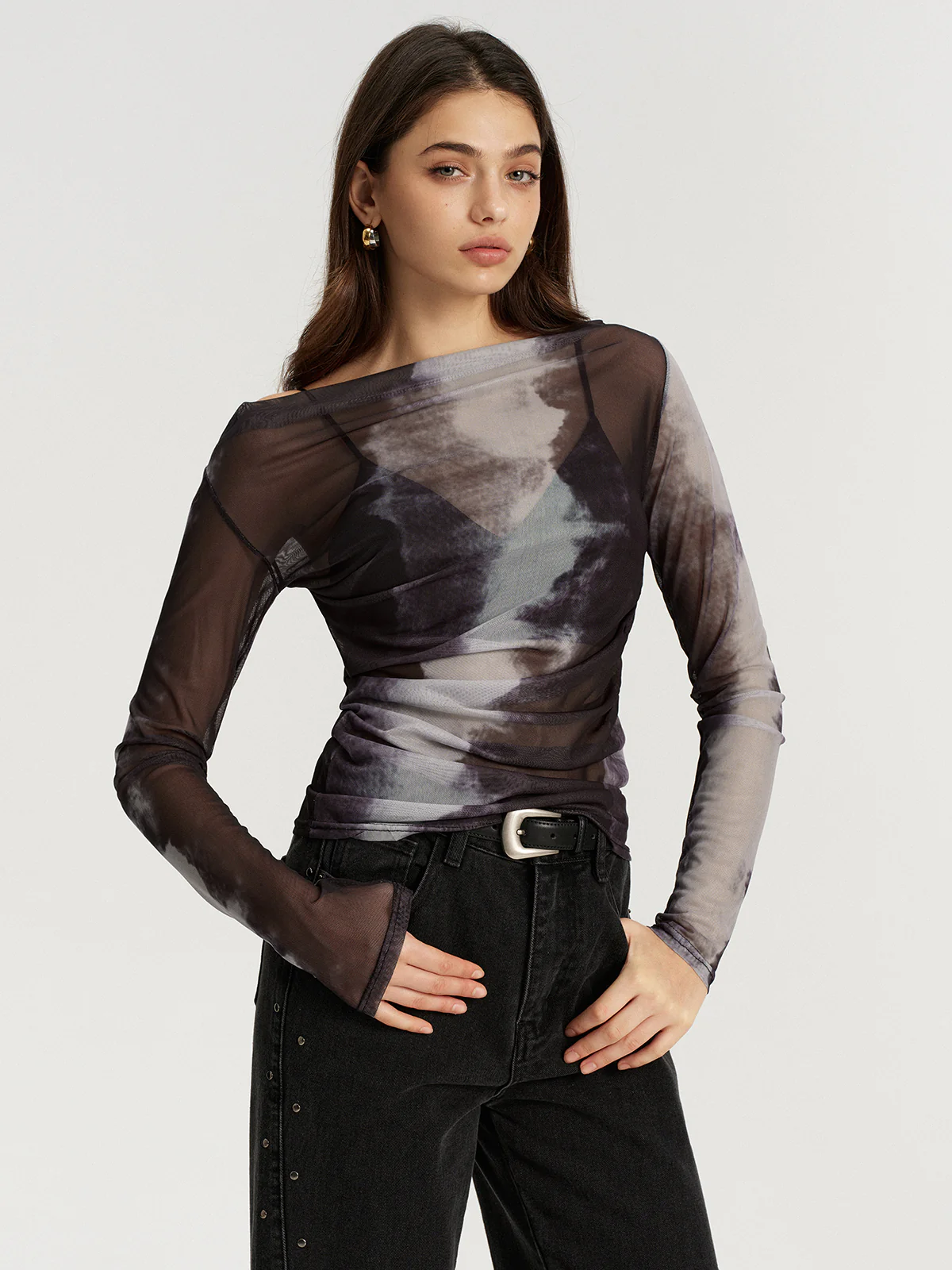 Mesh Tie-Dye Off-Shoulder Long Sleeve T-Shirt - Image 4