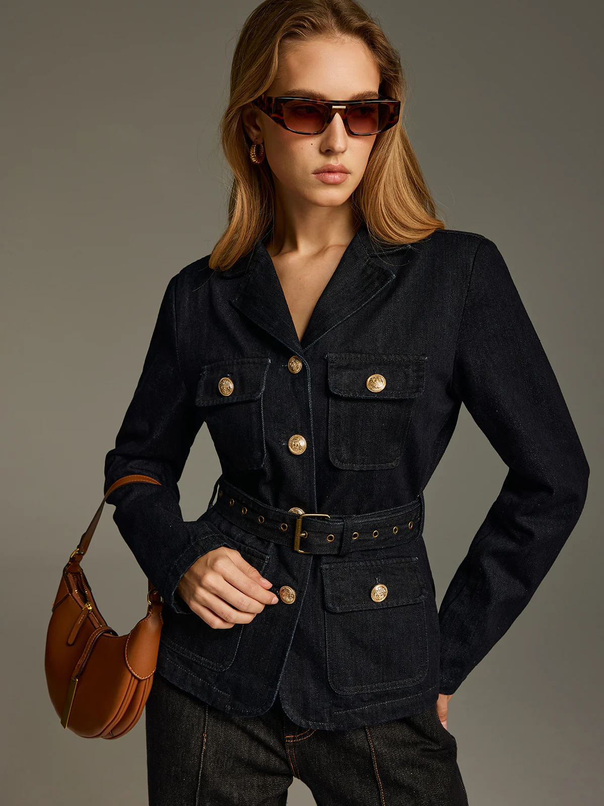 Metal Button Belted Denim Blazer - Image 3