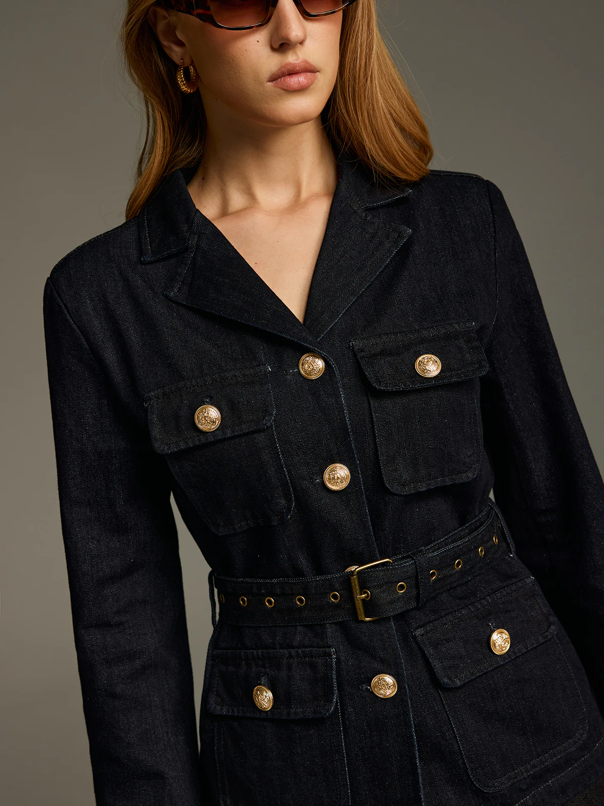 Metal Button Belted Denim Blazer - Image 4
