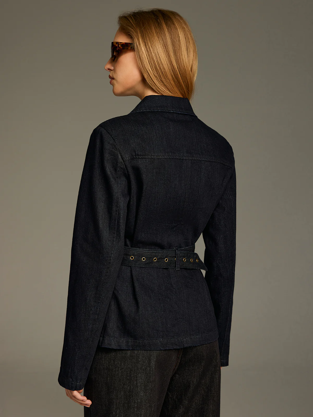 Metal Button Belted Denim Blazer - Image 6