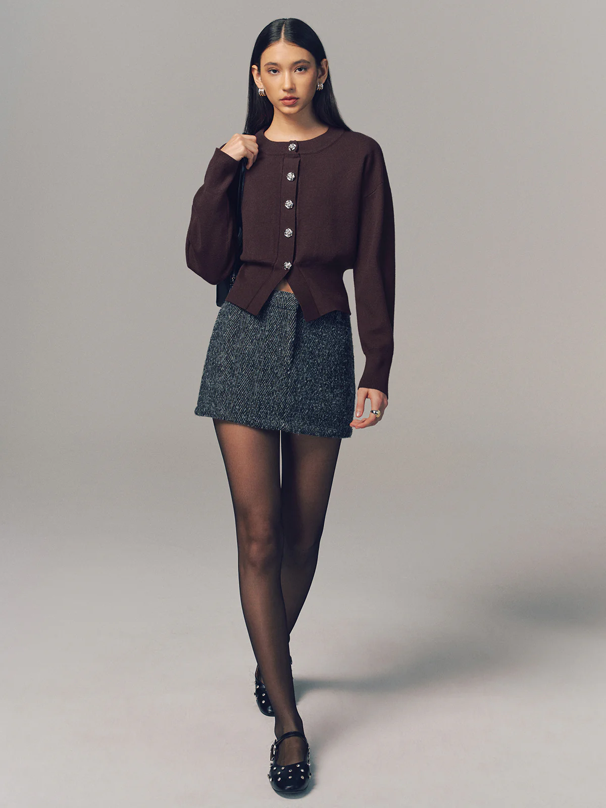 Metal Button Crew Neck Knit Cardigan - Image 2