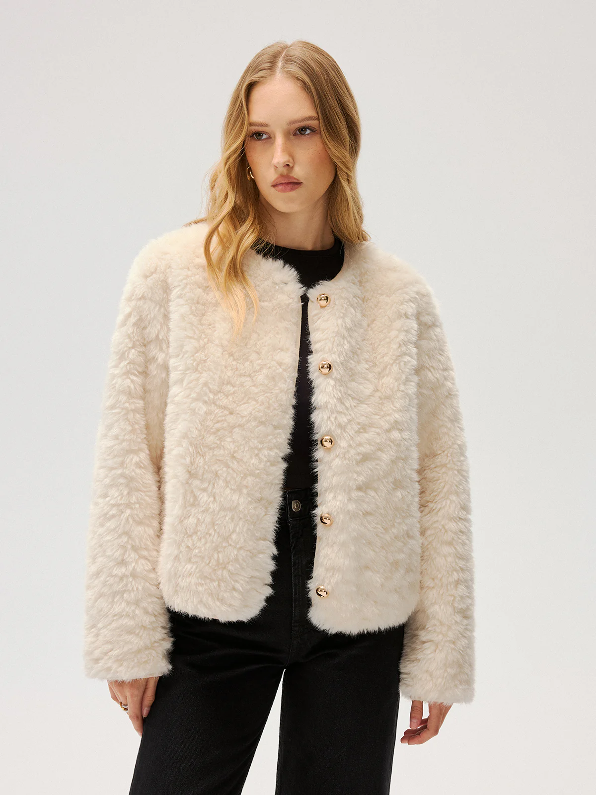 Metal Button Faux Fur Coat - Image 4