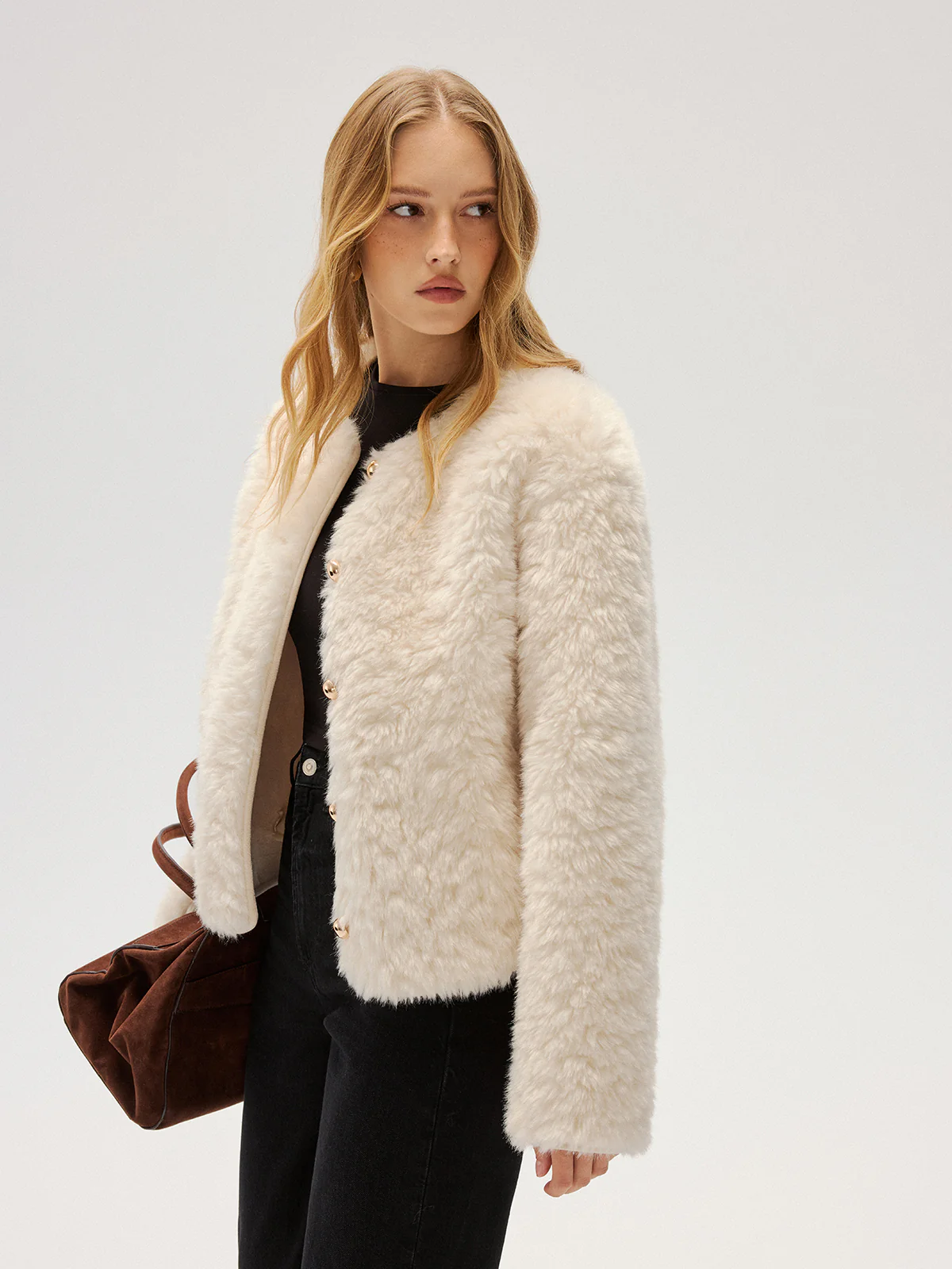 Metal Button Faux Fur Coat - Image 6