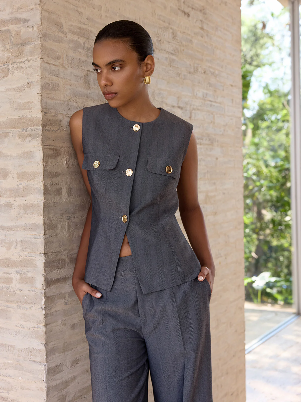 Metal Button Sleeveless Blazer Vest - Image 6