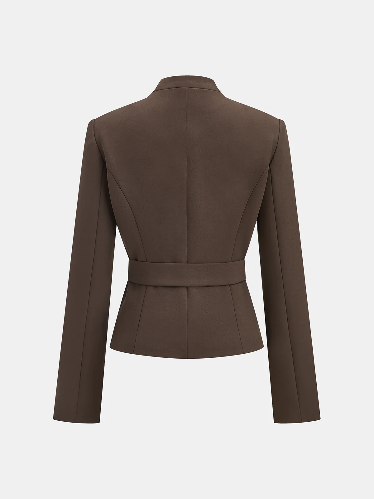 Metal Button Stand Collar Belted Blazer - Image 2