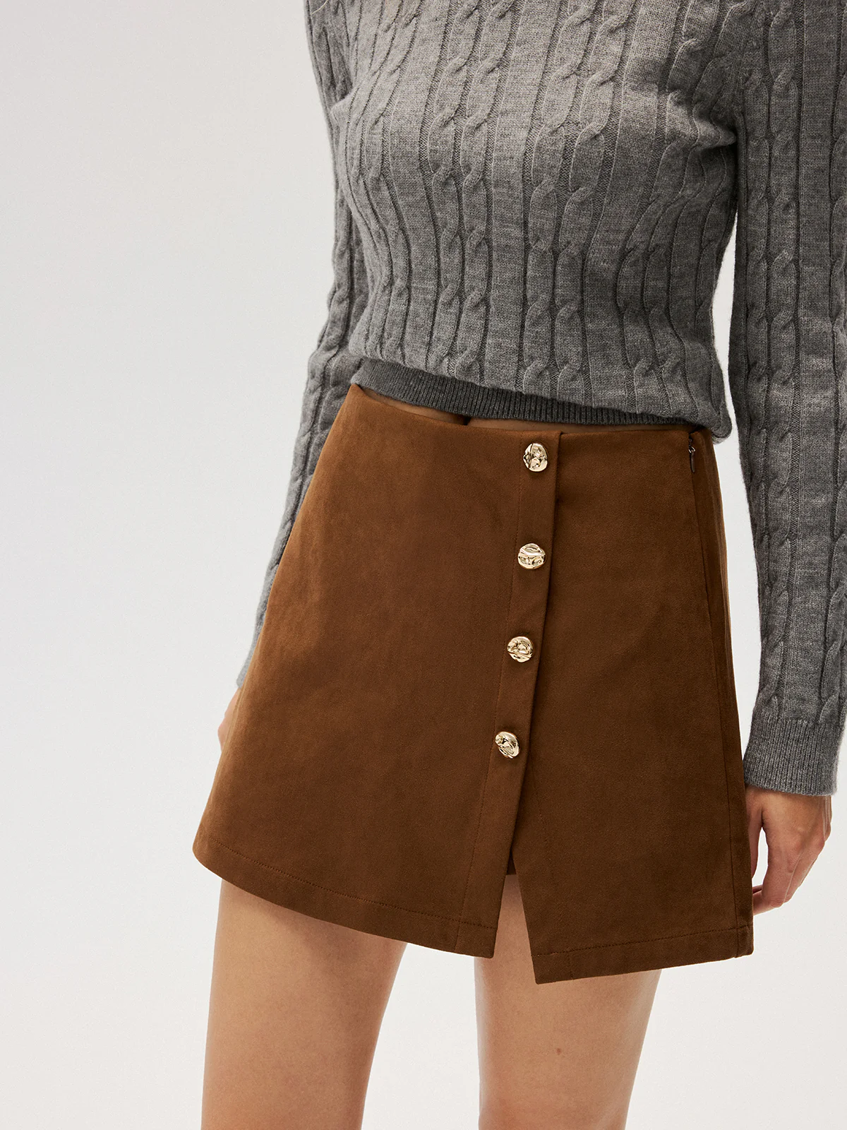 Metal Button Suede Effect Mini Skirt - Image 5