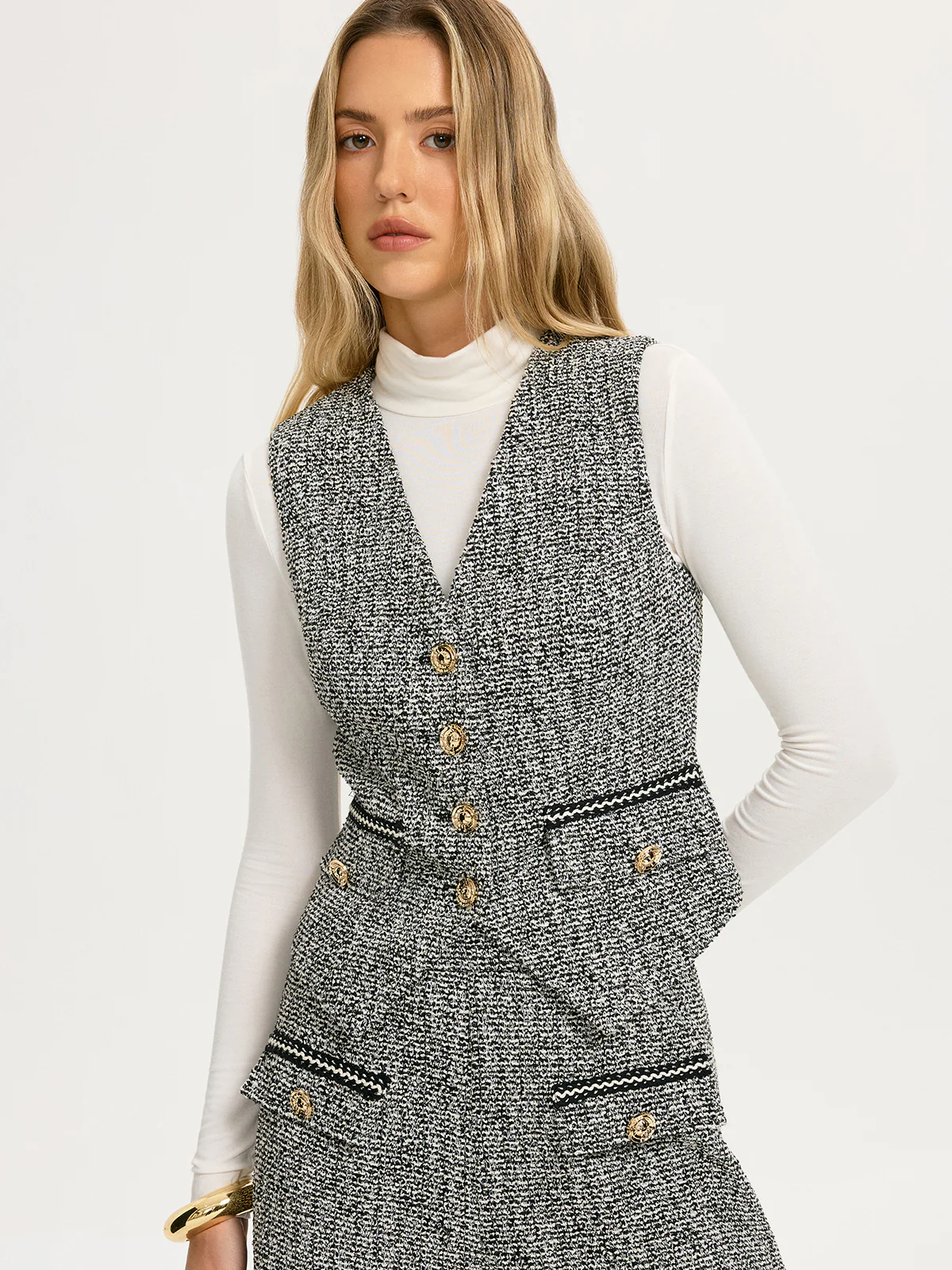 Metal Button Tweed Vest - Image 3