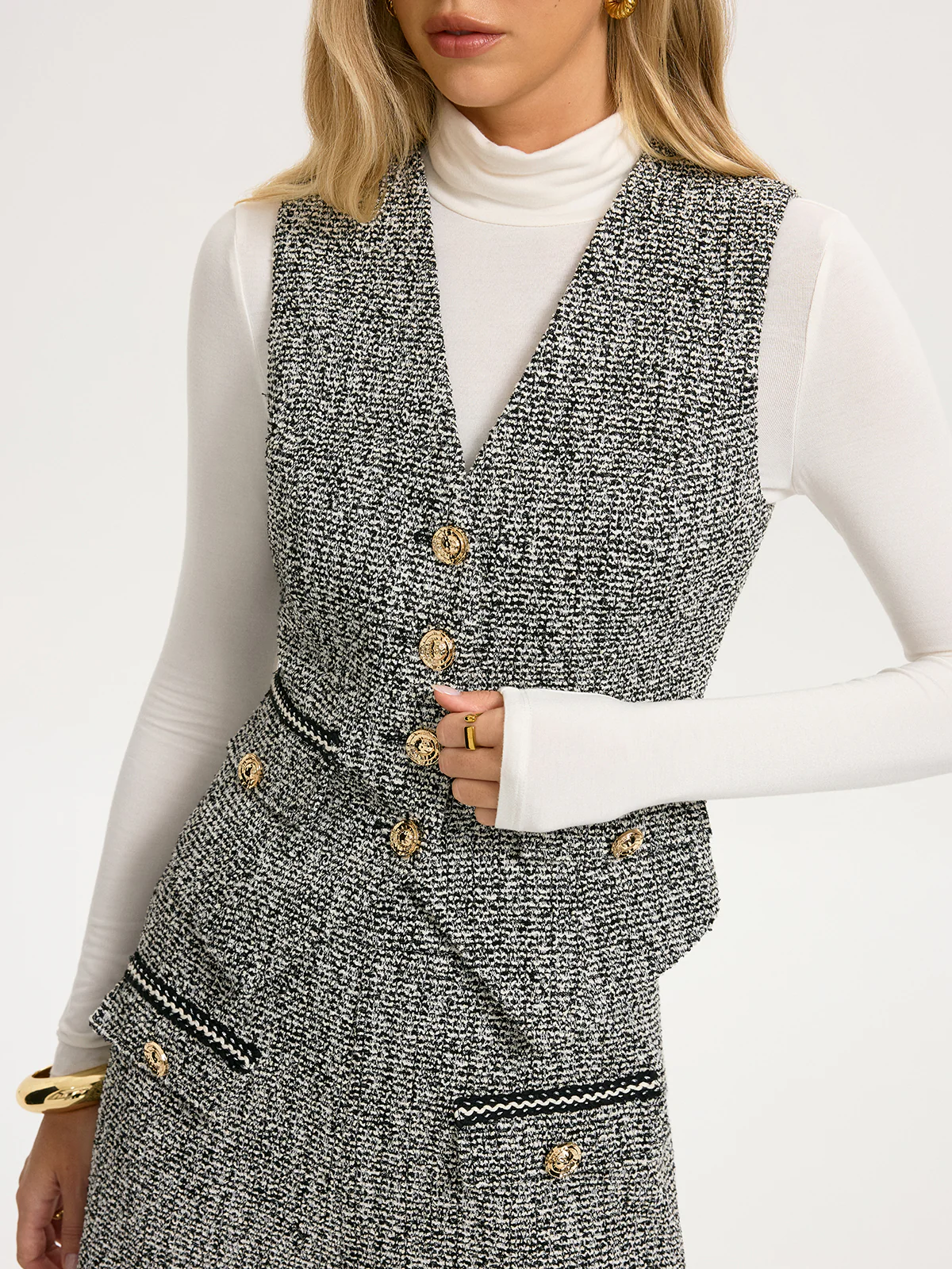Metal Button Tweed Vest - Image 4