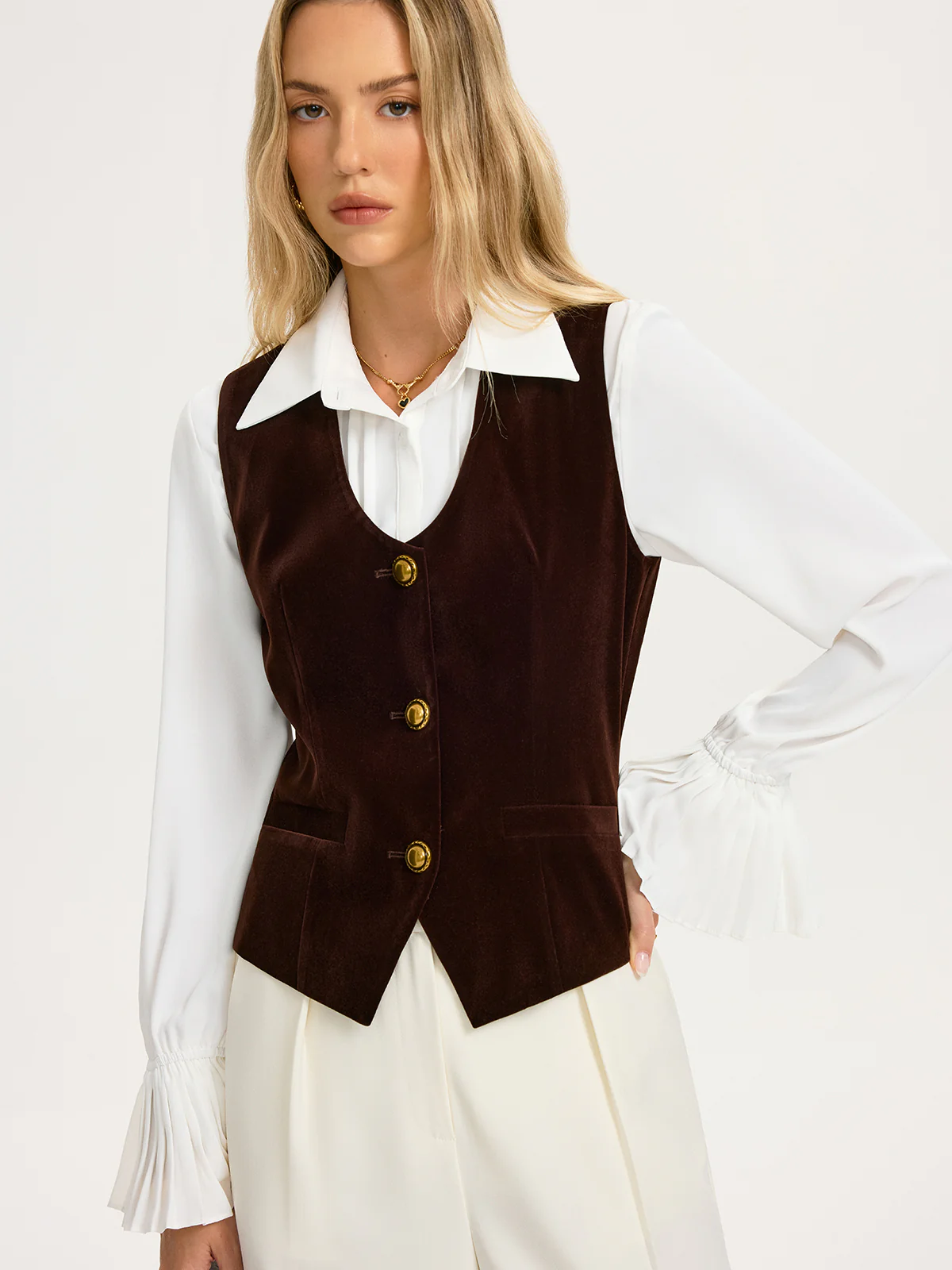 Metal Button Velvet Sleeveless Vest - Image 4