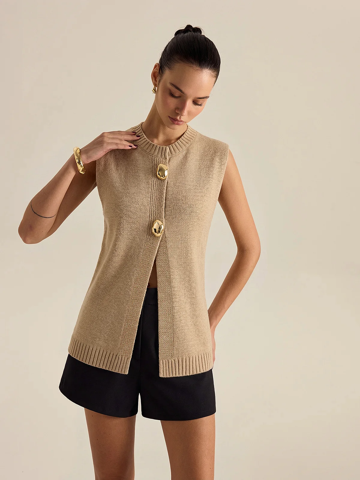 Metal Button Wool Blend Sweater Vest