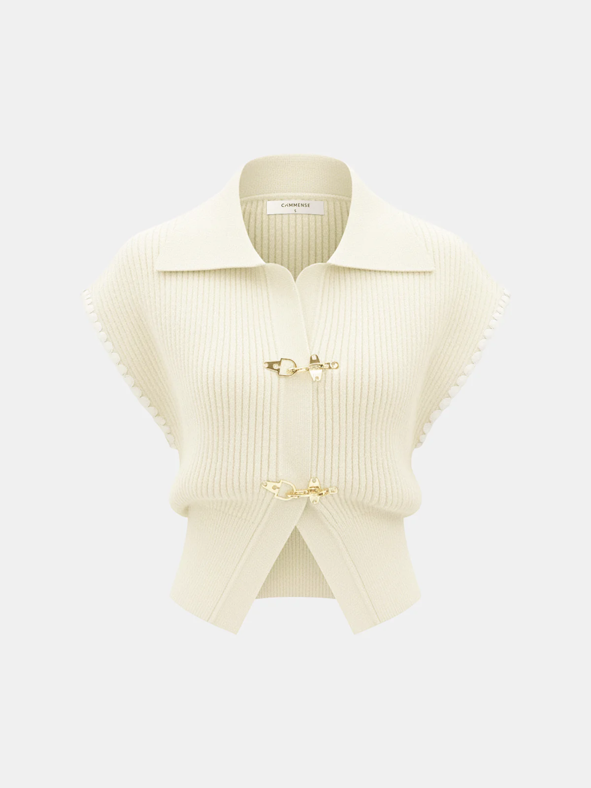 Metal Clasp Contrast Trim Collared Knit Vest - Image 5