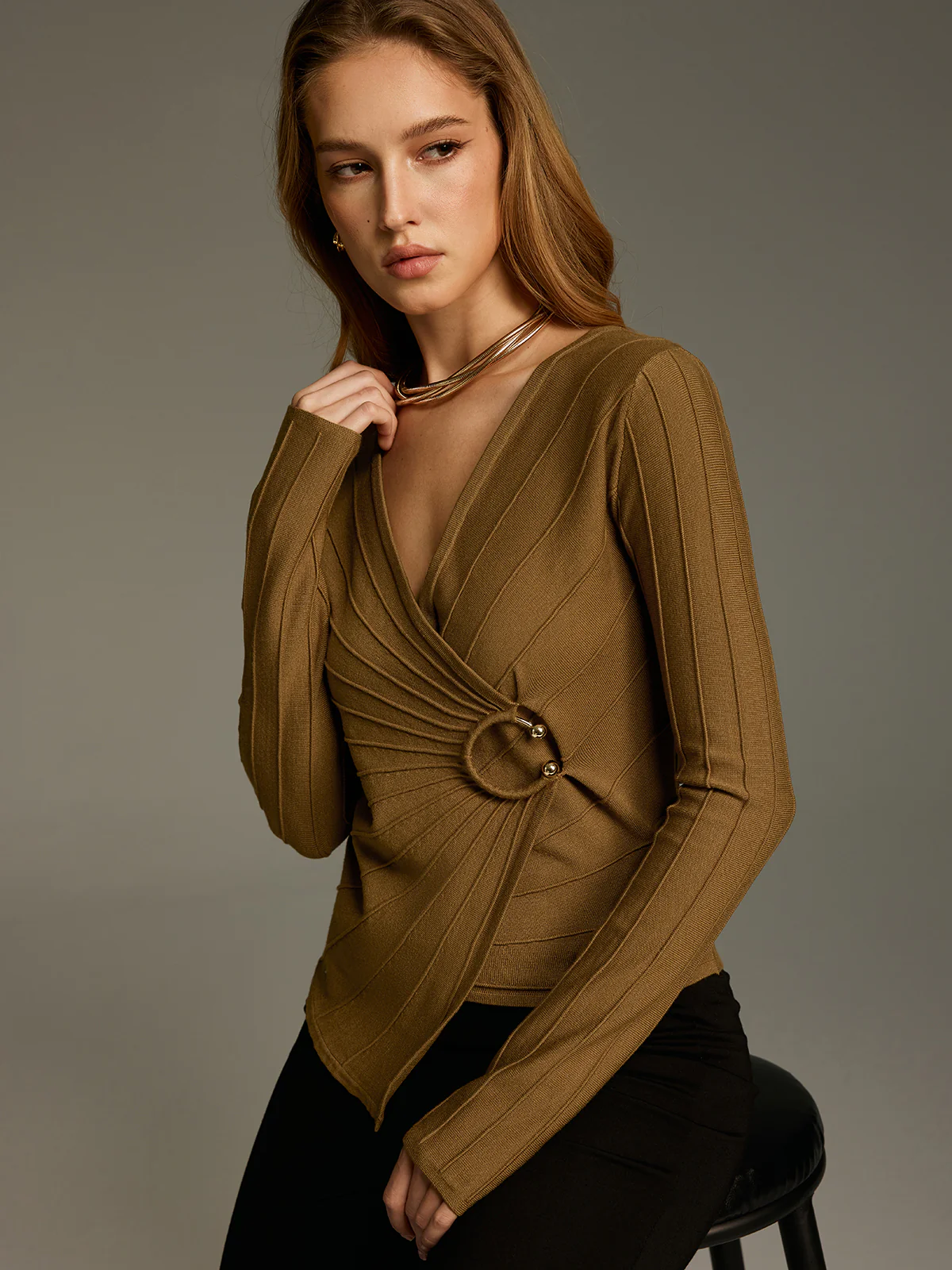 Metal Detail Asymmetric Wrap Knit Top - Image 6