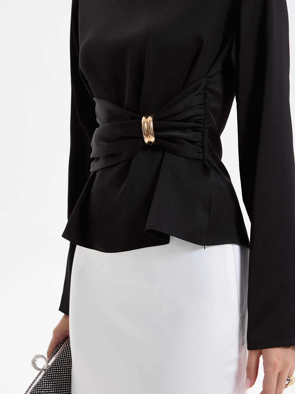 Metal Detail Ruched Waist Satin Blouse - Image 2