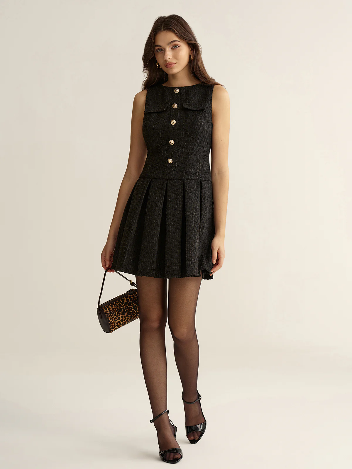Metal Detail Tweed Pleated Mini Dress - Image 3