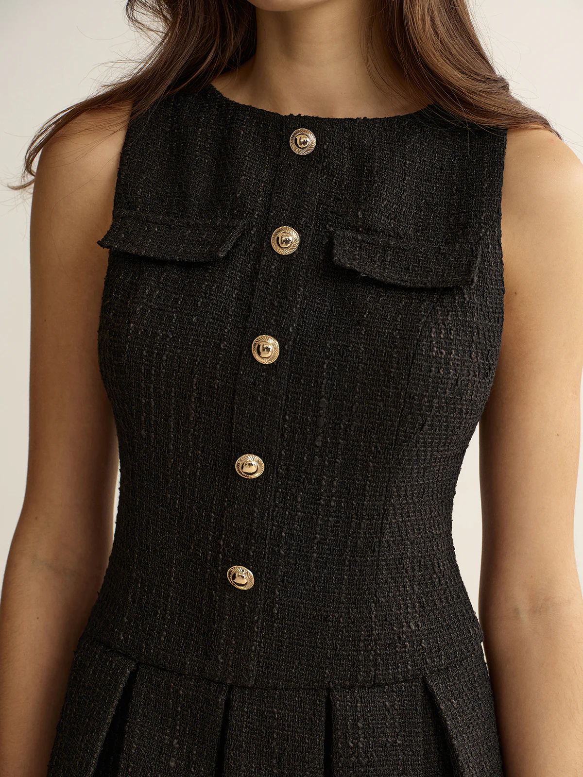 Metal Detail Tweed Pleated Mini Dress - Image 4