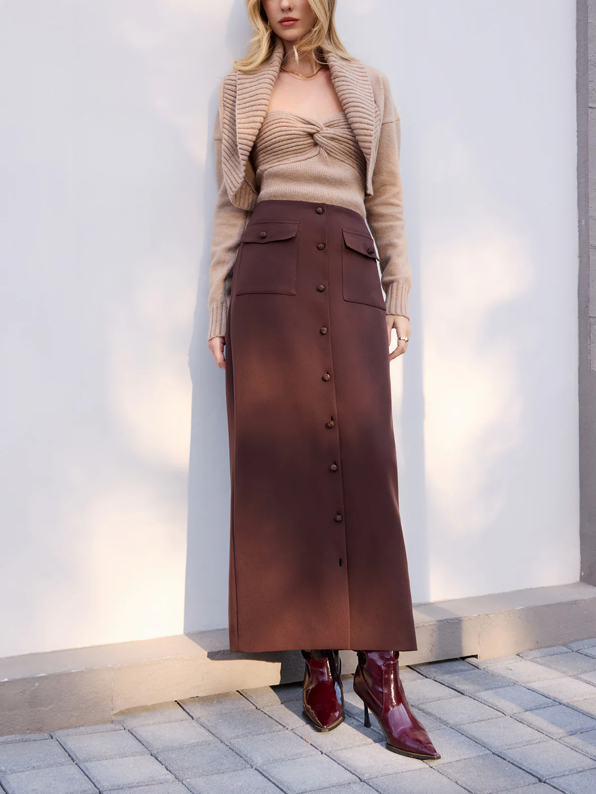 Midi-Waist Button-Front Midi Skirt