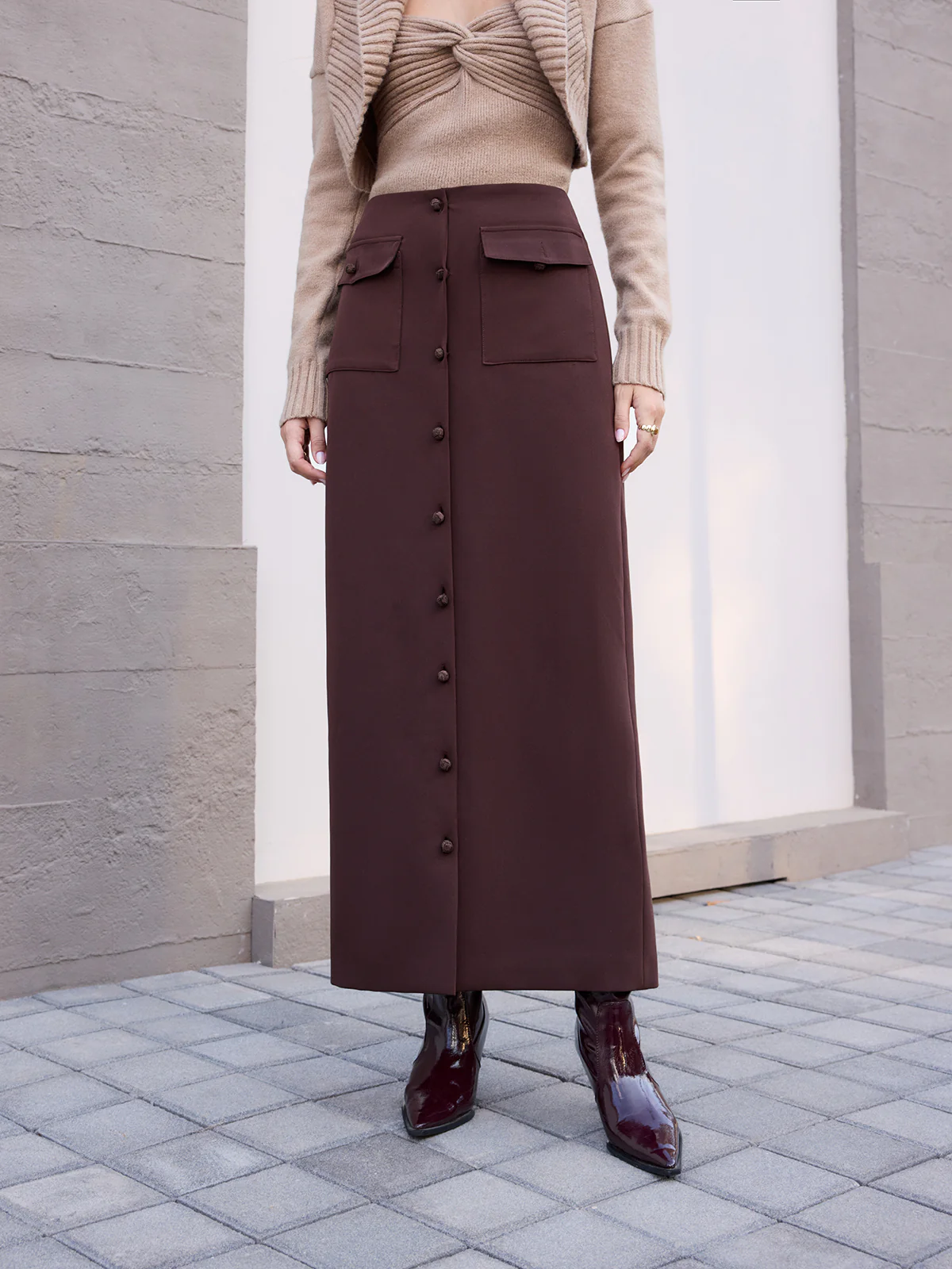 Midi-Waist Button-Front Midi Skirt - Image 5