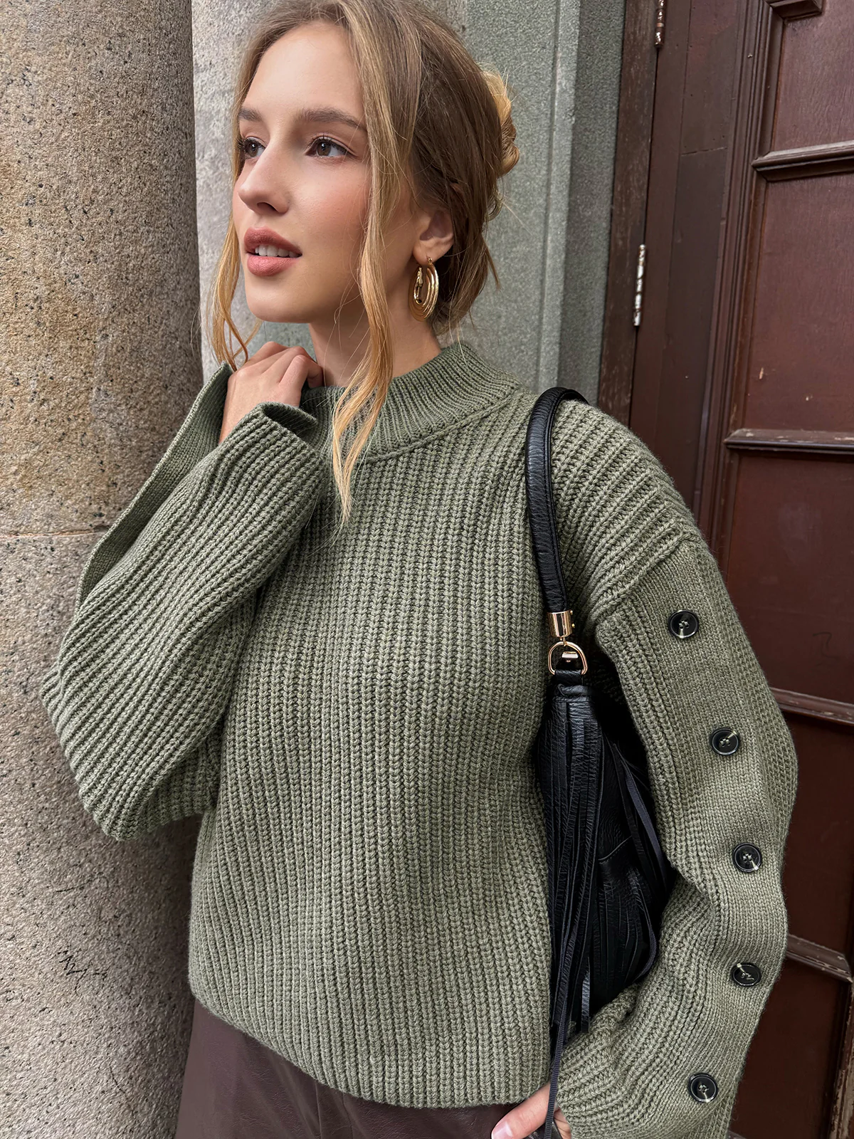 Mock Neck Button-Detail Sleeve Sweater - Image 4