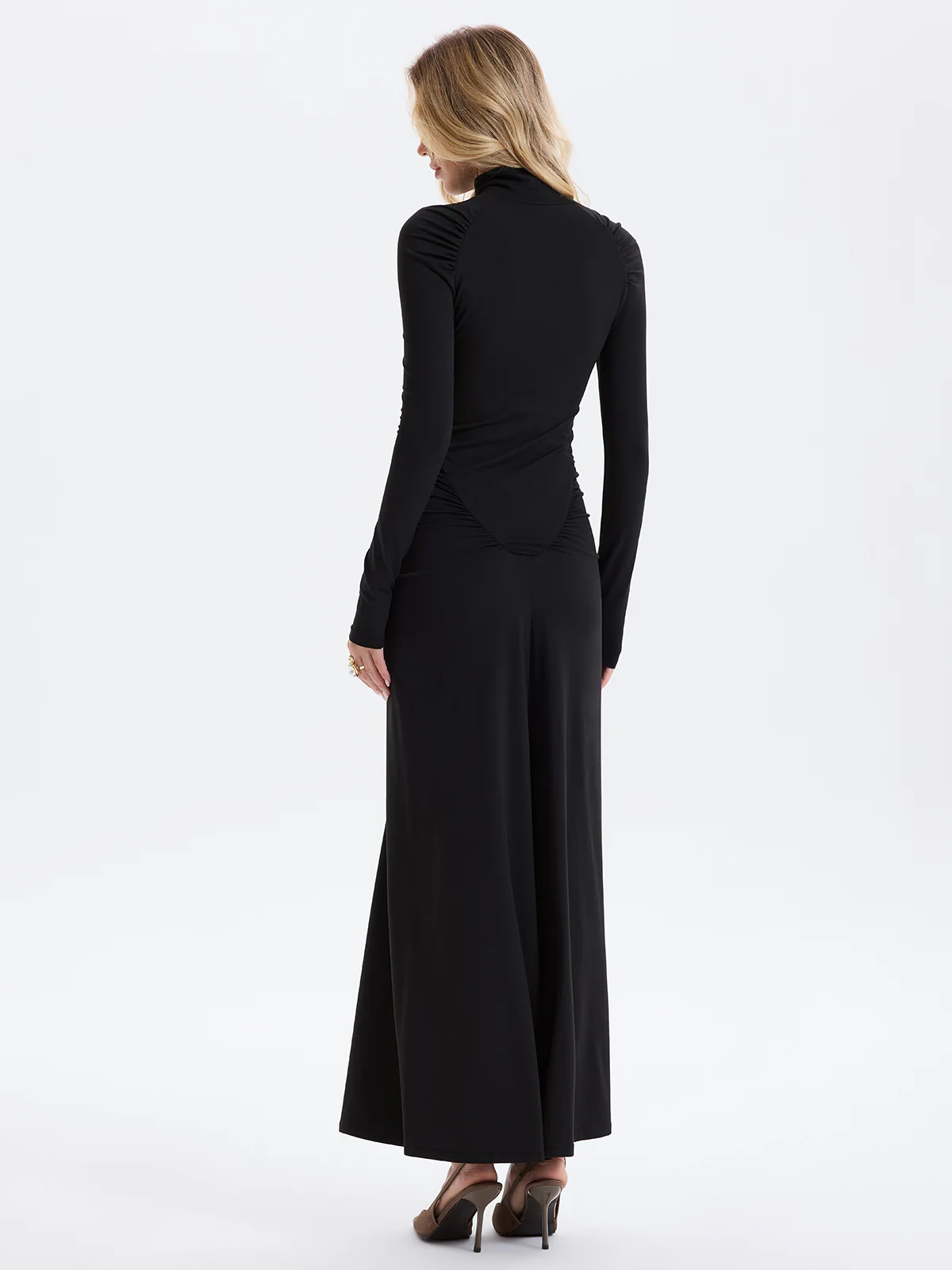 Mock Neck Ruched Button Detail A-Line Maxi Dress - Image 6