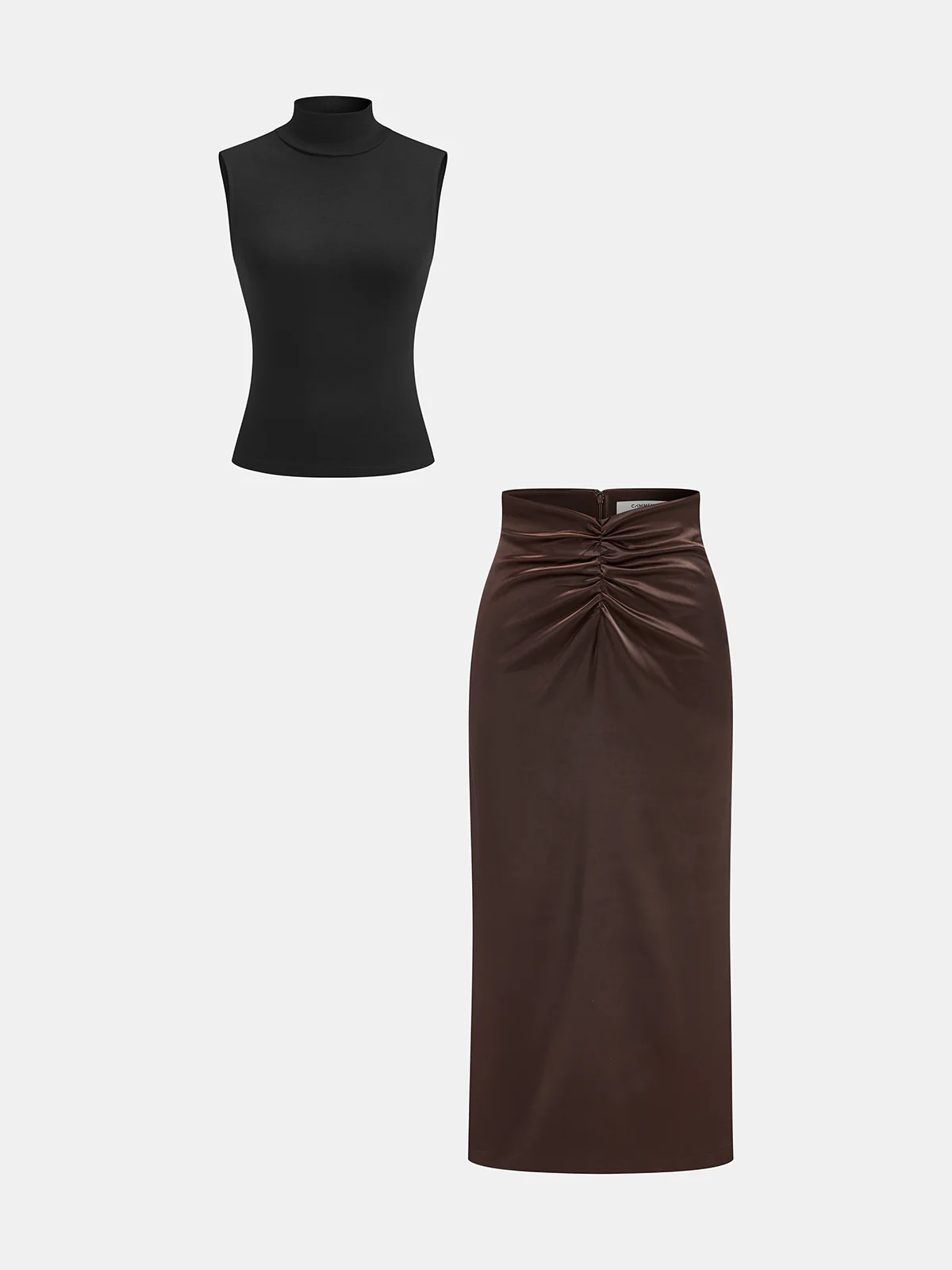 Mock Neck Top and Ruched Satin Skirt Set - Image 2
