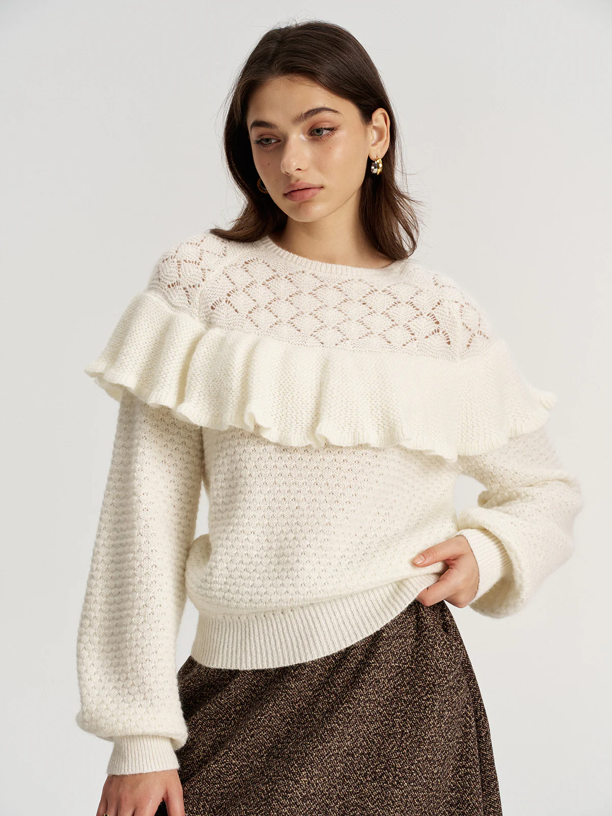 Mohair & Wool Blend Ruffle Pointelle Knit Top - Image 5