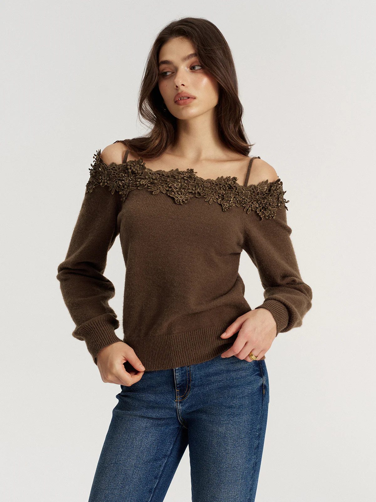Off Shoulder Floral Lace Trim Sweater - Image 3