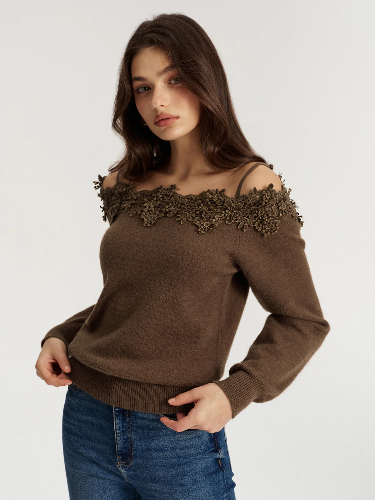 Off Shoulder Floral Lace Trim Sweater - Image 5