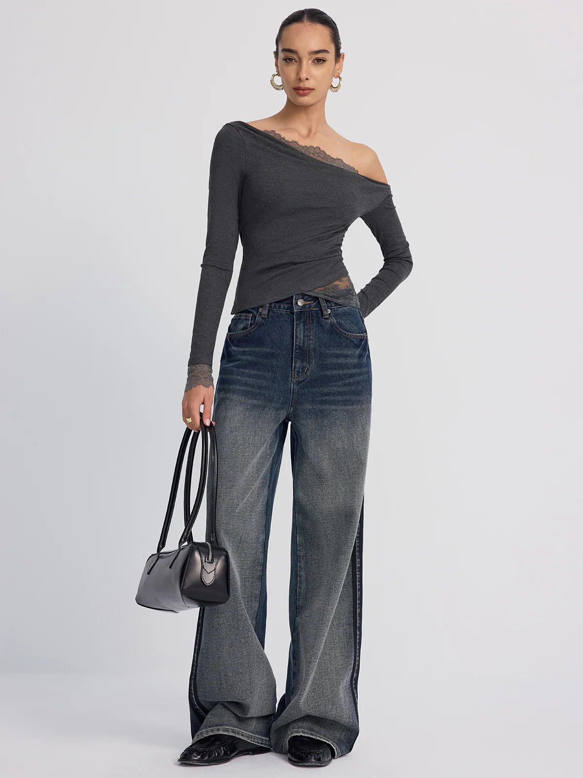 Off-Shoulder Lace-Trim Long-Sleeve Top - Image 5