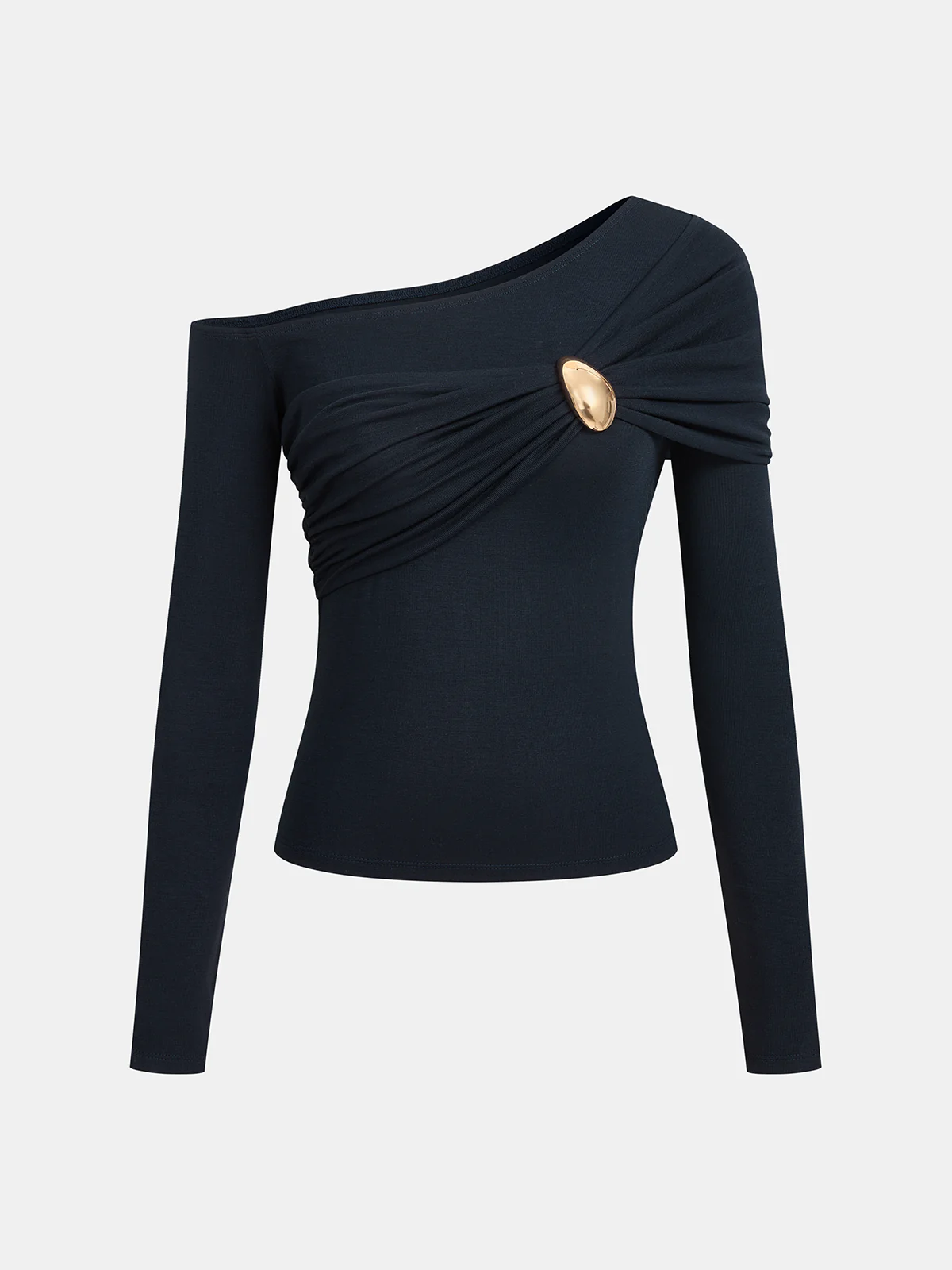 One-Shoulder Ruched Metal Buckle Long Sleeve Top - Image 2