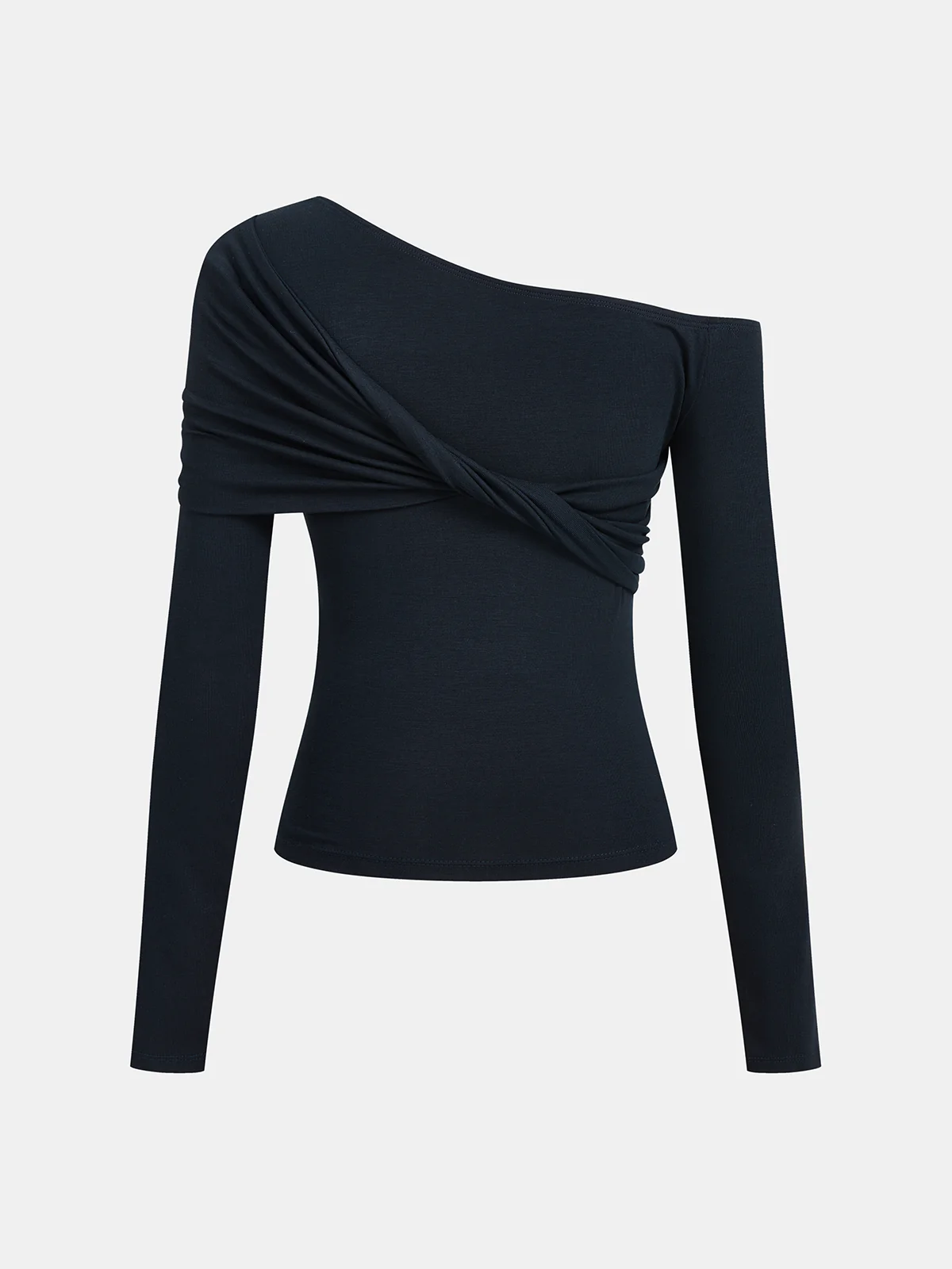 One-Shoulder Ruched Metal Buckle Long Sleeve Top - Image 3