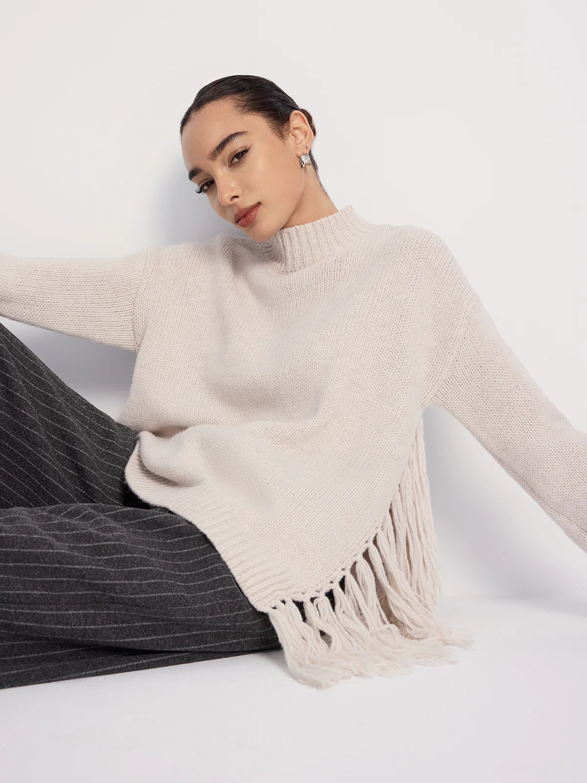 Oversized Fringe Mock-Neck Sweater - Image 3