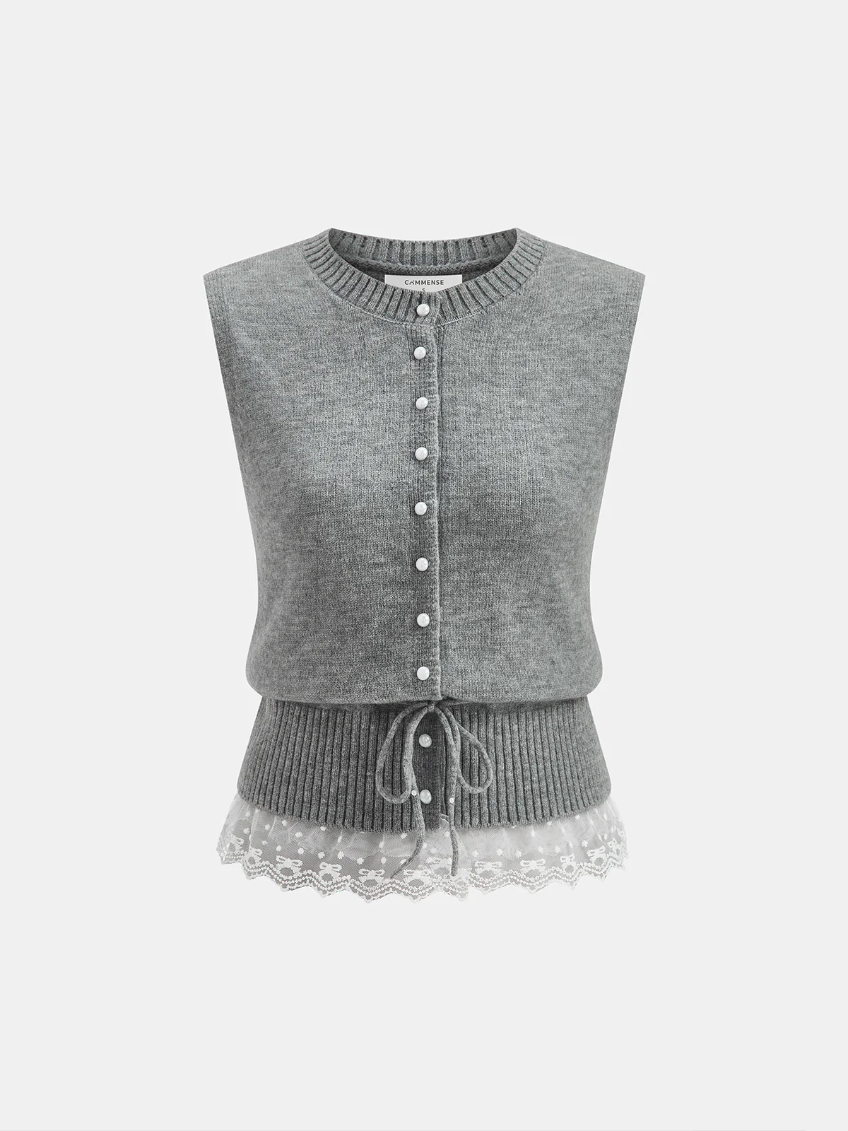 Pearl Button Tie-Waist Lace Hem Sweater Vest