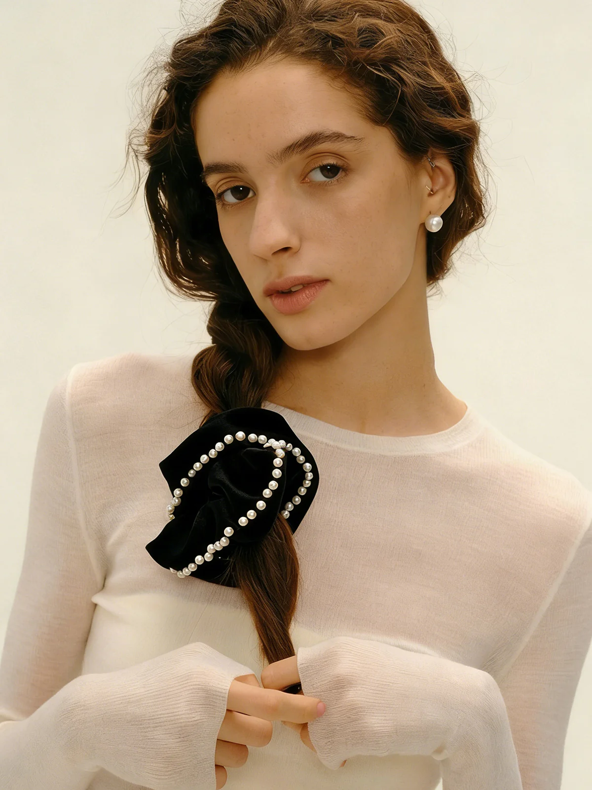 Pearl Trim Satin Scrunchie - Image 4