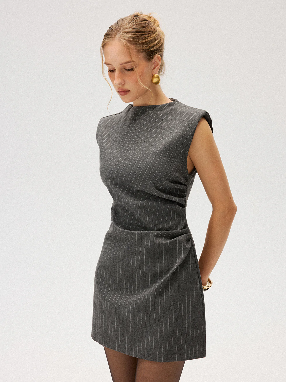 Pinstripe Sleeveless Ruched Mini Dress
